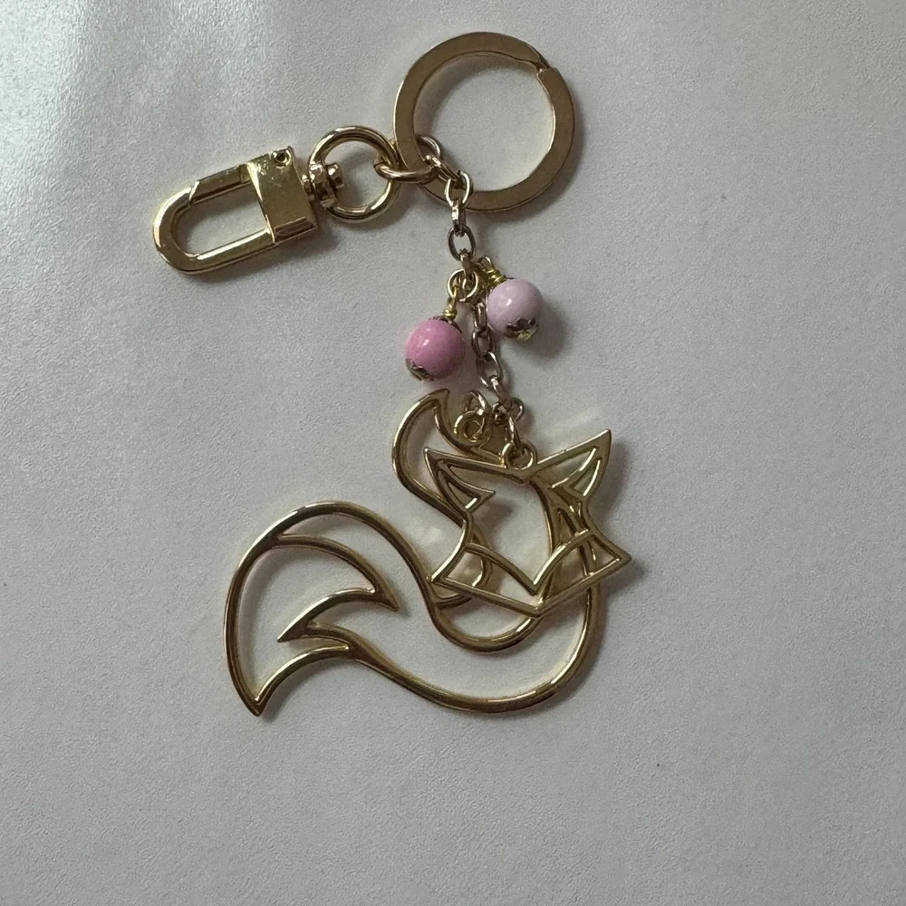 Gold Tone Fox Charm Keychain with Pink Beads‎ and Clip Key Ring Womens